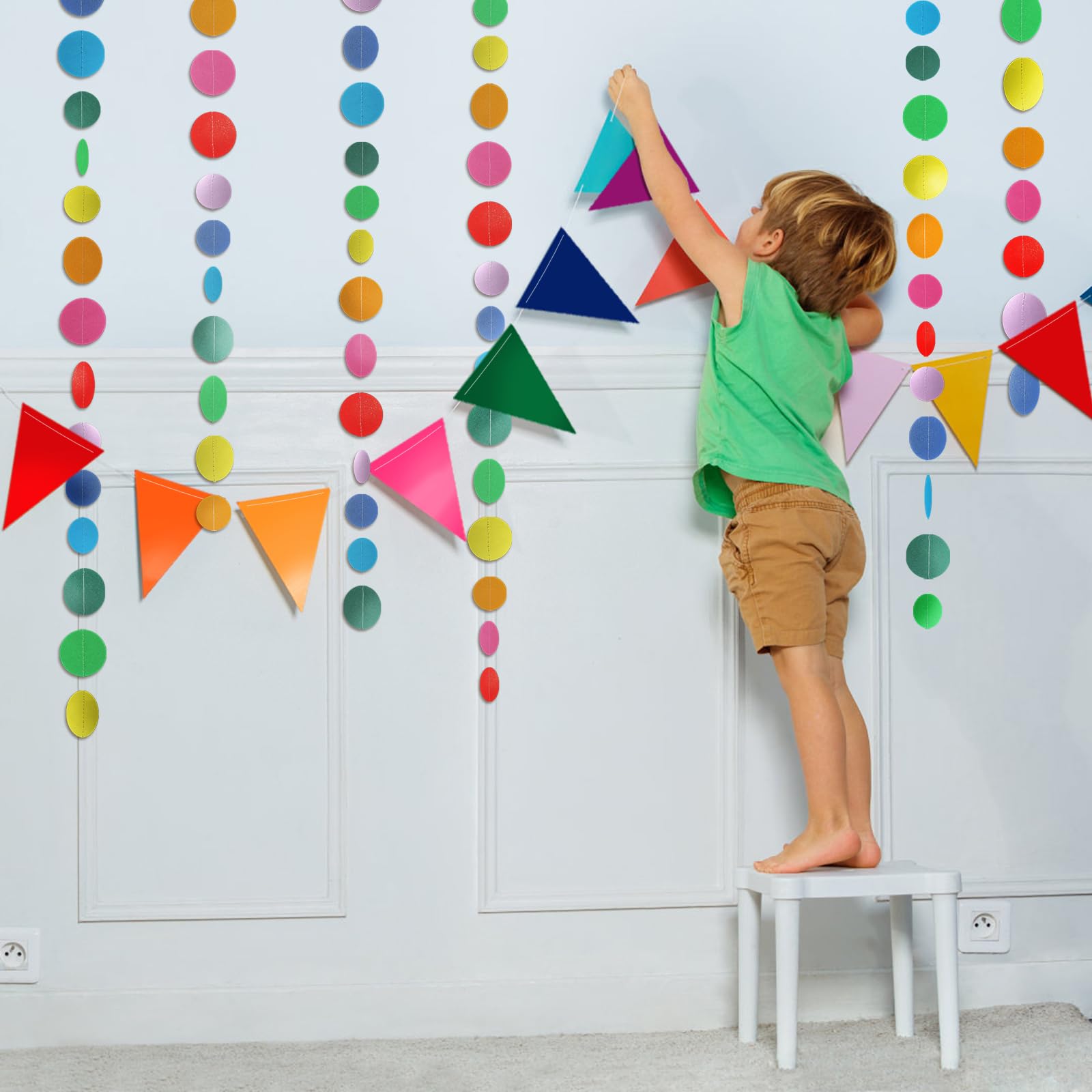 Kit Décoration Fête AhfuLife - 12 Fanions Triangles + 4 Paquets De Ronds Colorés + 16 Ballons - Pour Anniversaire, Carnaval, événement - 7