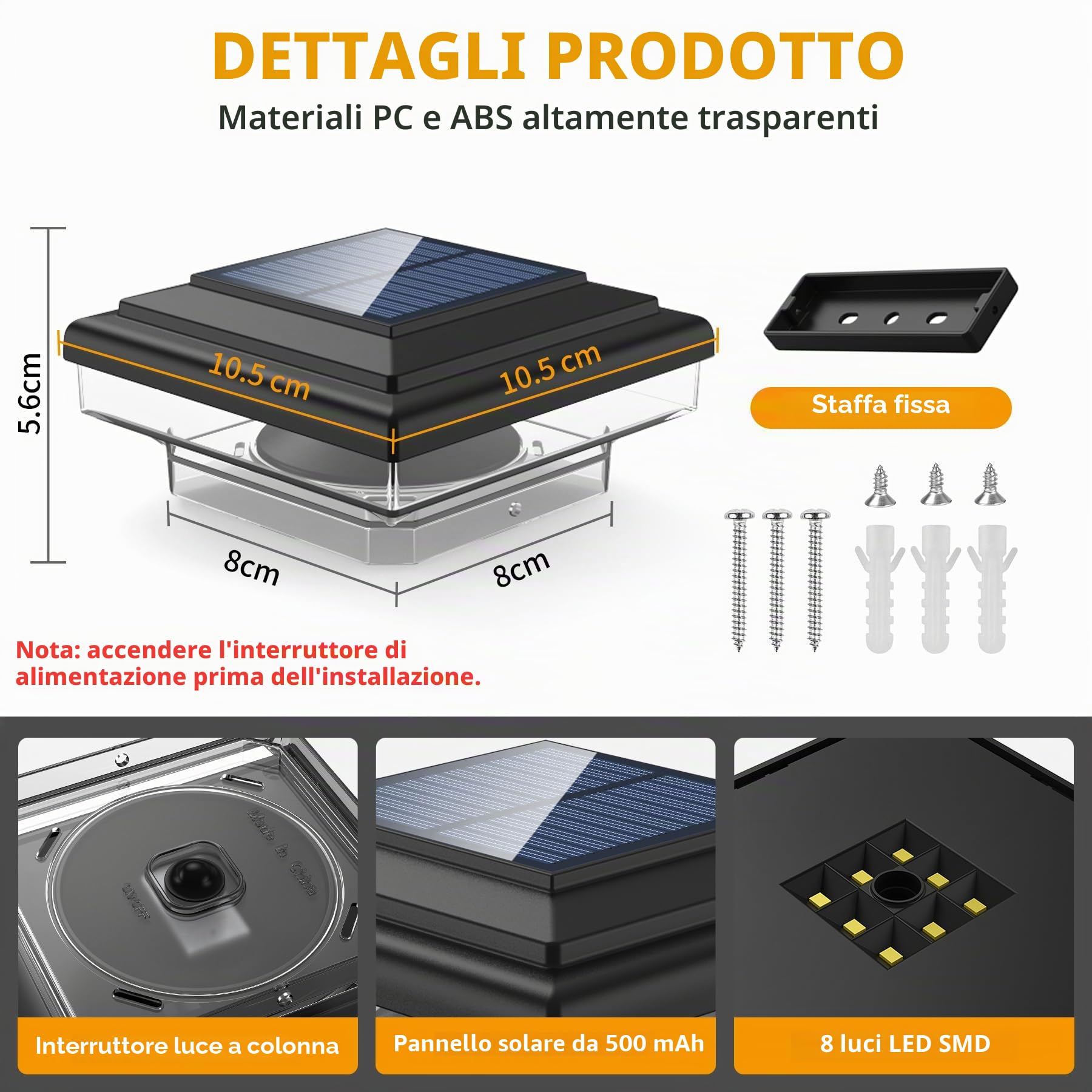 Lampada per Pilastro Solare per Pali 7x7 8x8 9x9 10x10cm, 4 pezzi | 6000-6500K con 8 Bianco Caldo LEDs, Impermeabile per Patio Recinzione Pali