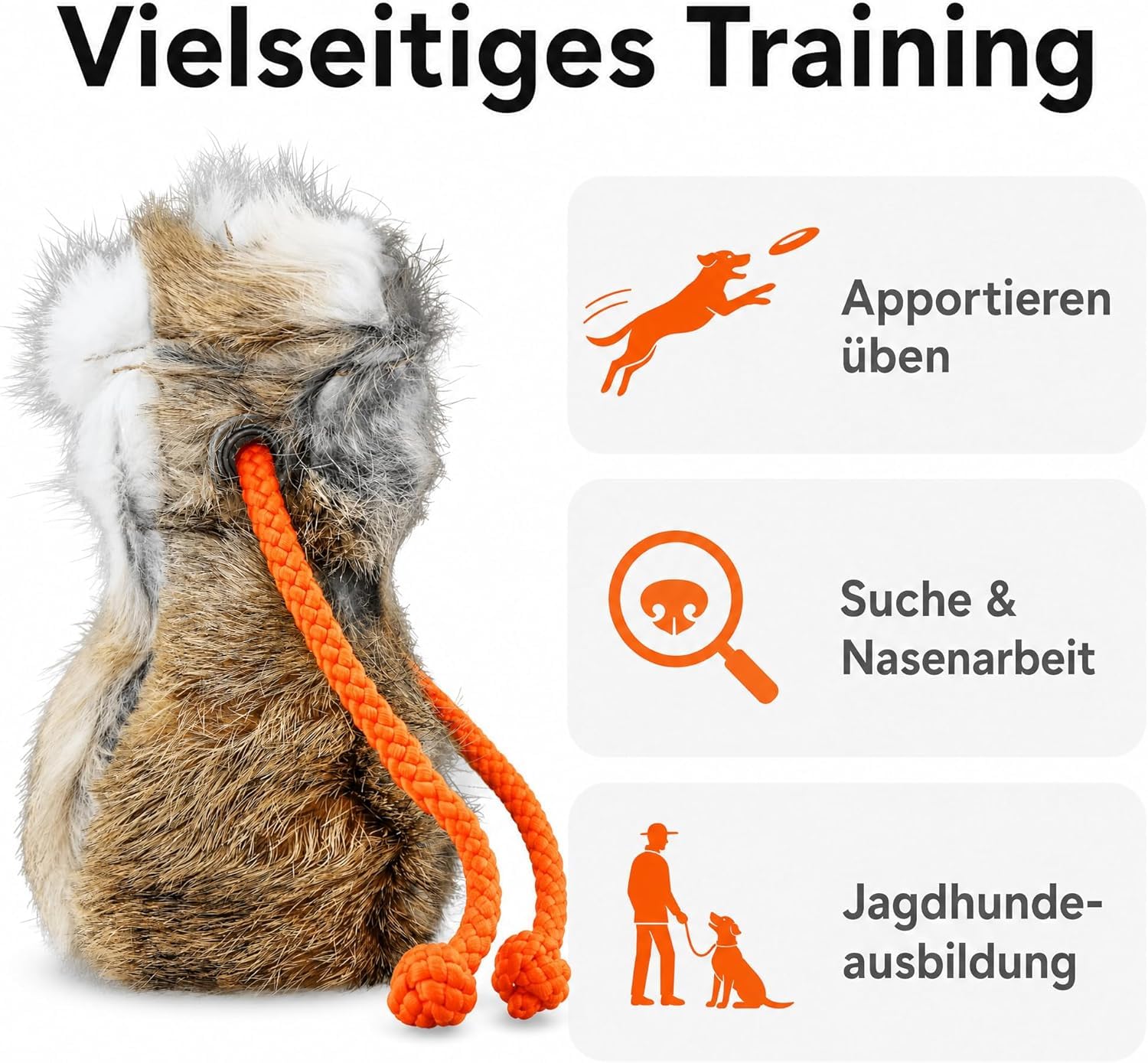 Romneys Dummy Hundetraining, Dummyball aus echtem Kaninchenfell mit neonoranger Wurfschnur, Apportierdummy Wurfball für Hunde mit Seil, Ø 8 cm, 150 g, robuste Metallöse, Outdoor
