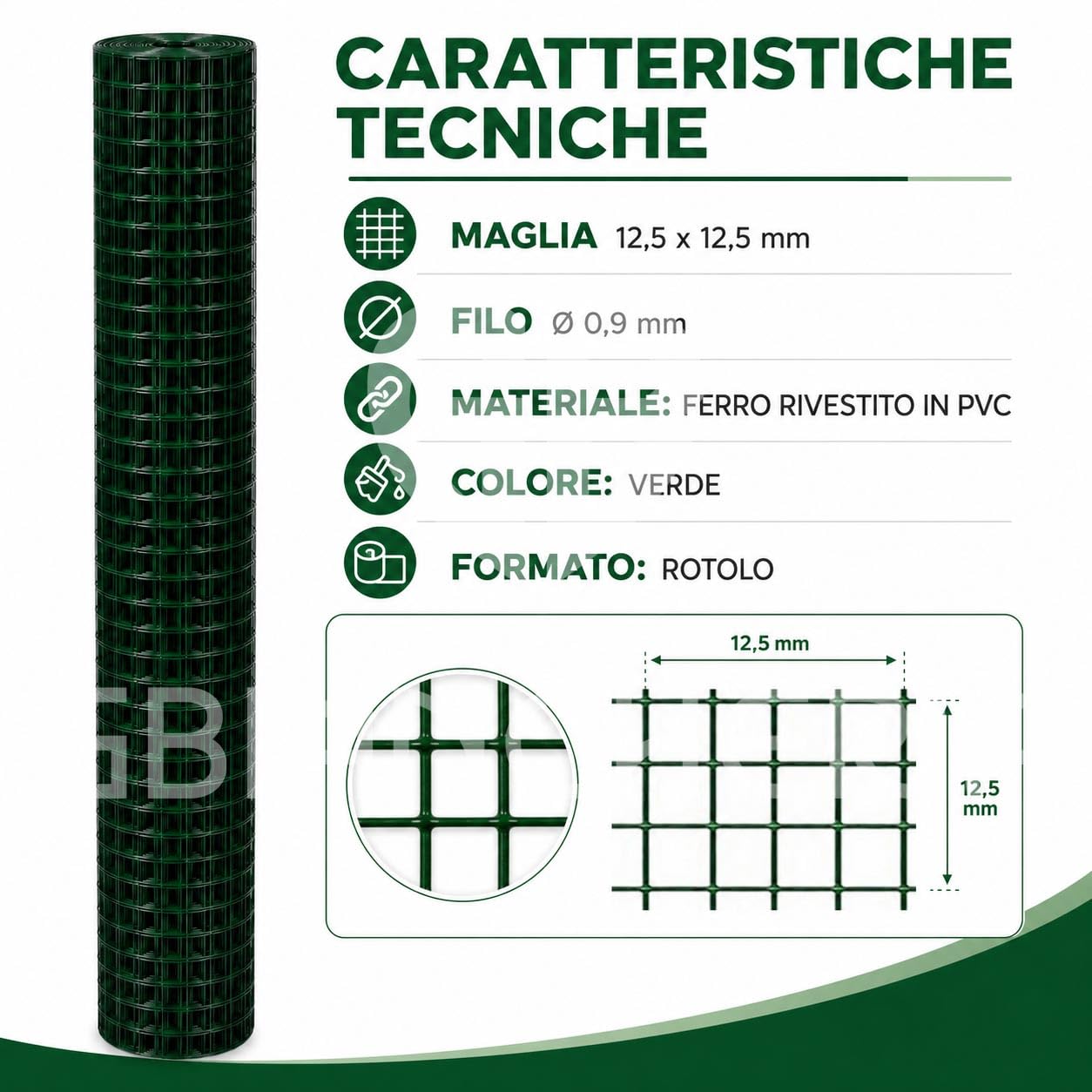 Rete Verde Plastificata Elettrosaldata, Maglia 12,5 mm, Filo 0,9 mm (1 x 25 mt)