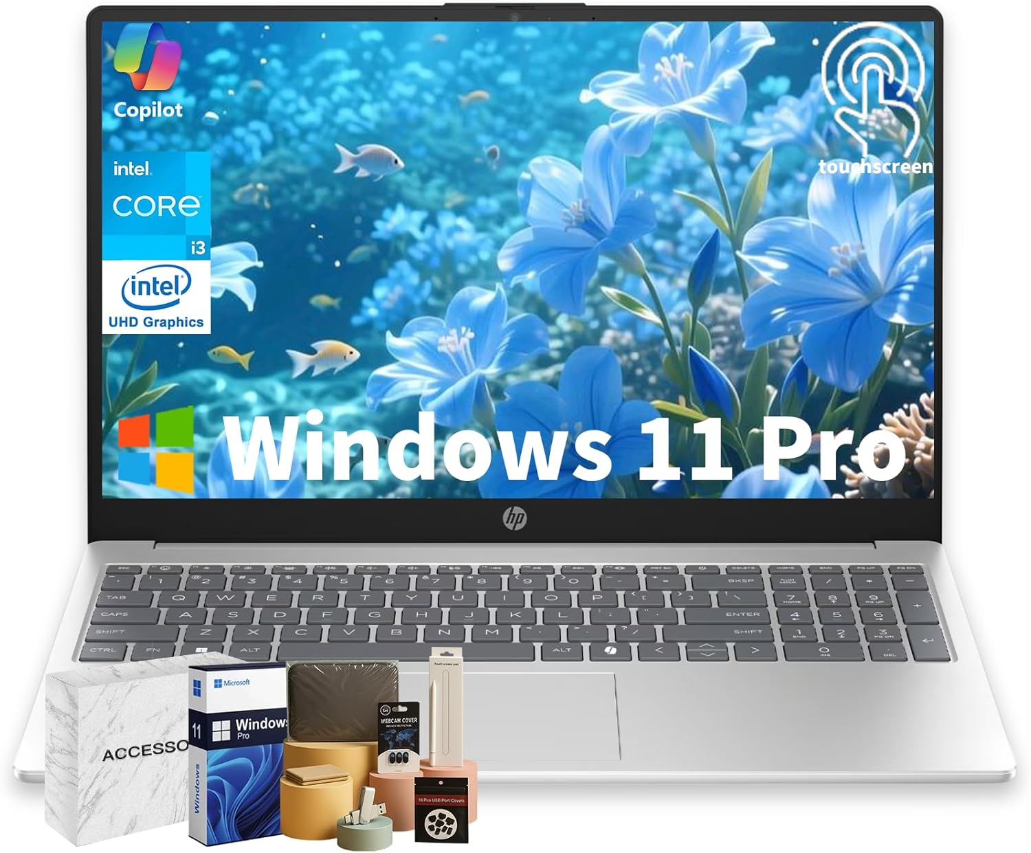 HP 2025 Touchscreen Laptop • Intel i3-1315U(Up to 4.5GHz) • 32GB RAM • 1 TB SSD • 15.6" 250 nits Anti-Glare Display • Copilot-AI Chat • Windows11 Pro Computer for Business & Students w/Accessories