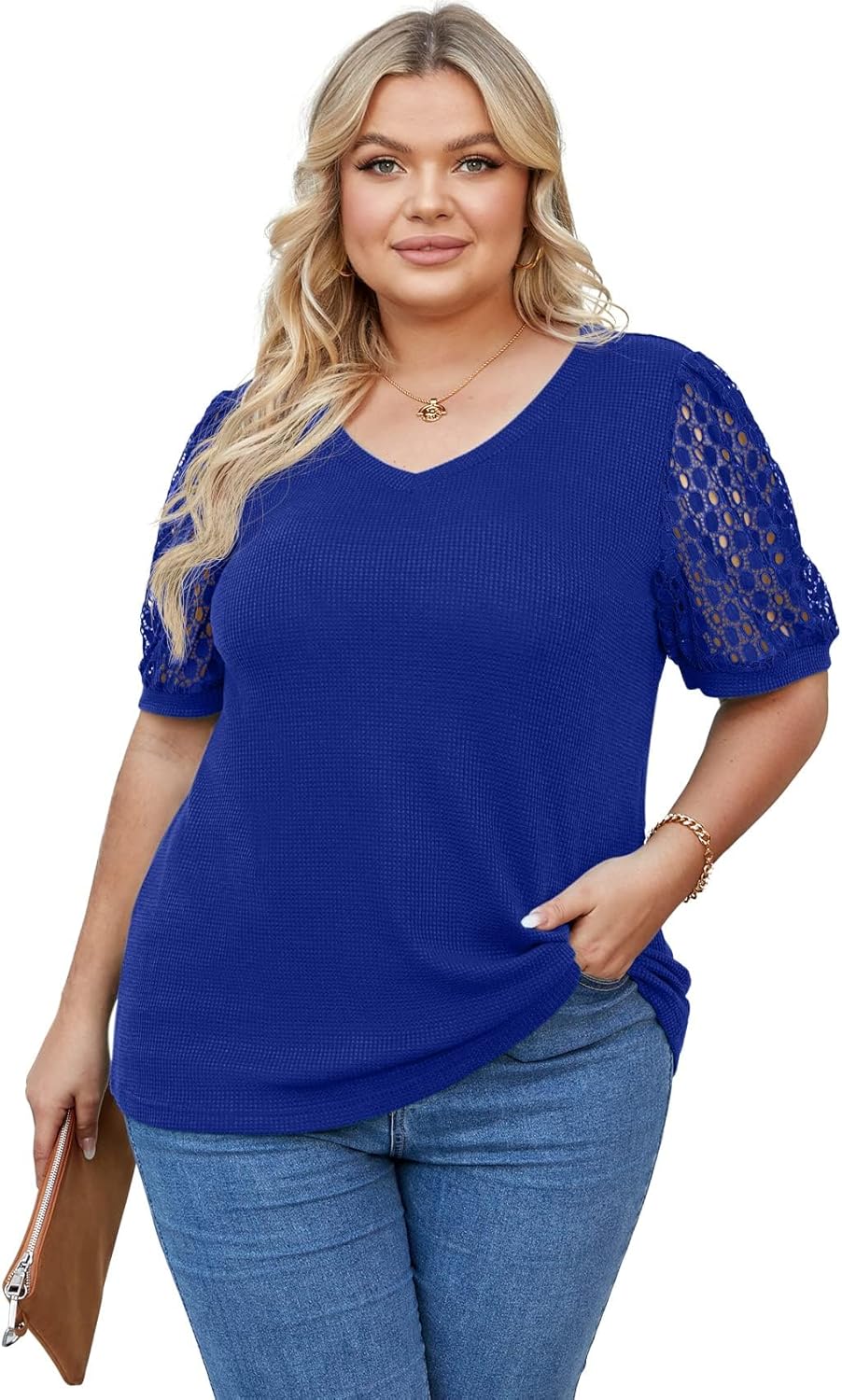 OLRIK Plus Size Tops for Women Summer Blouse Waffle Knit Short Lace Sleeve Shirts - Image 4