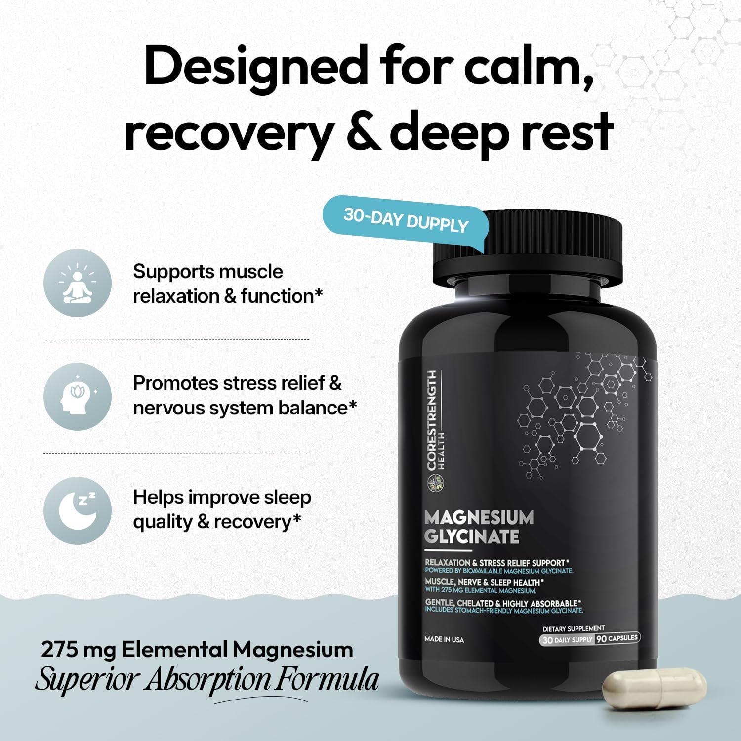 Magnesium Glycinate | Chelated Magnesium for Superior Absorption | 90 Capsules | Relaxation, Muscle Function & Sleep Support | Vegan, Non GMO, Gluten Free | by CoreStrength Health