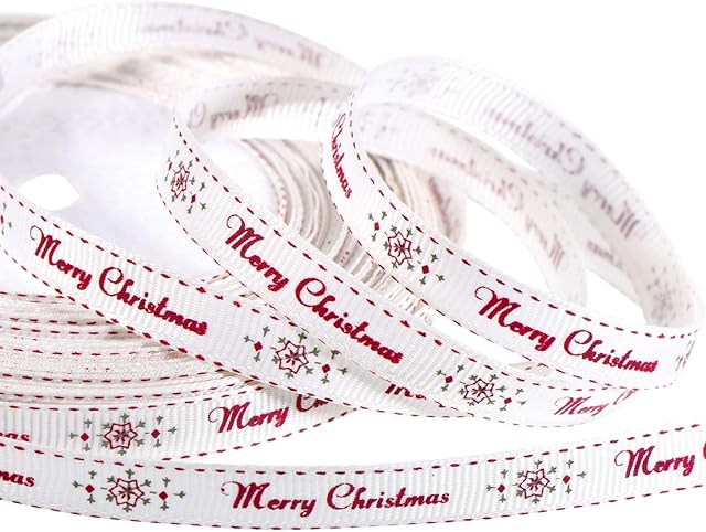 98.4 Feet White Merry Christmas Ribbon Roll for Craft Gift Wrapping Xmas Snowflake Ribbon for Present Packaging Holiday Party Decorations Favors Supplies, 10 mm Wide
