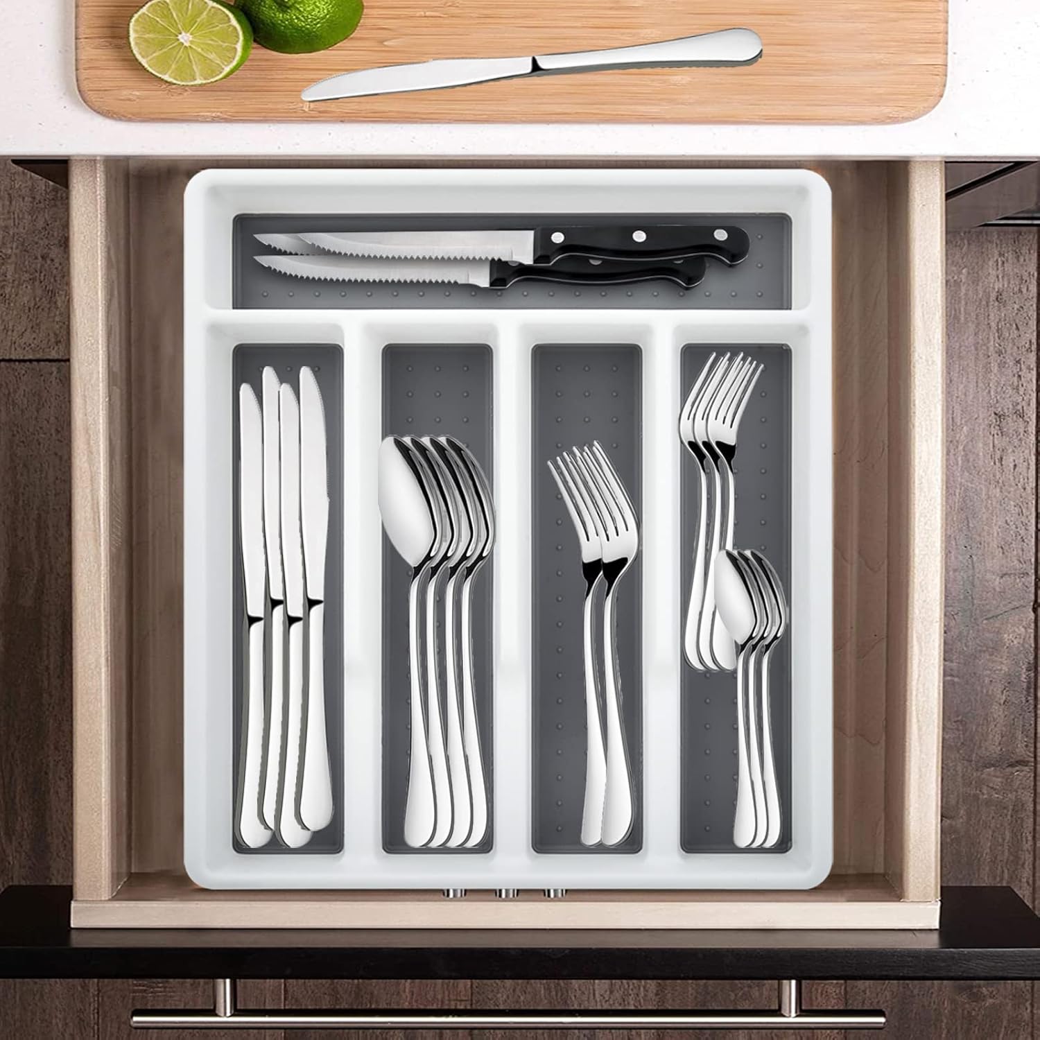 HaWare 49-Piece Silverware Set with Flatware Drawer Organizer, Stainless Steel Cutlery with 8 Steak Knives, Modern Eating Utensils Tableware Service for 8, Mirror Polished, Dishwasher Safe