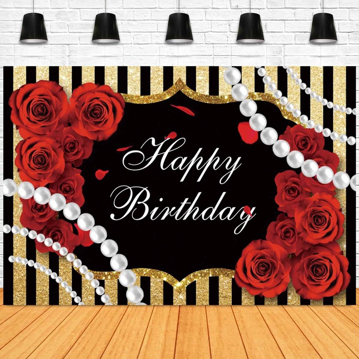 Red Rose Birthday Party Photography Backdrop Flower Black and White Stripes Floral Pearl Happy Birthday Background for Girl Women Decorations Banner