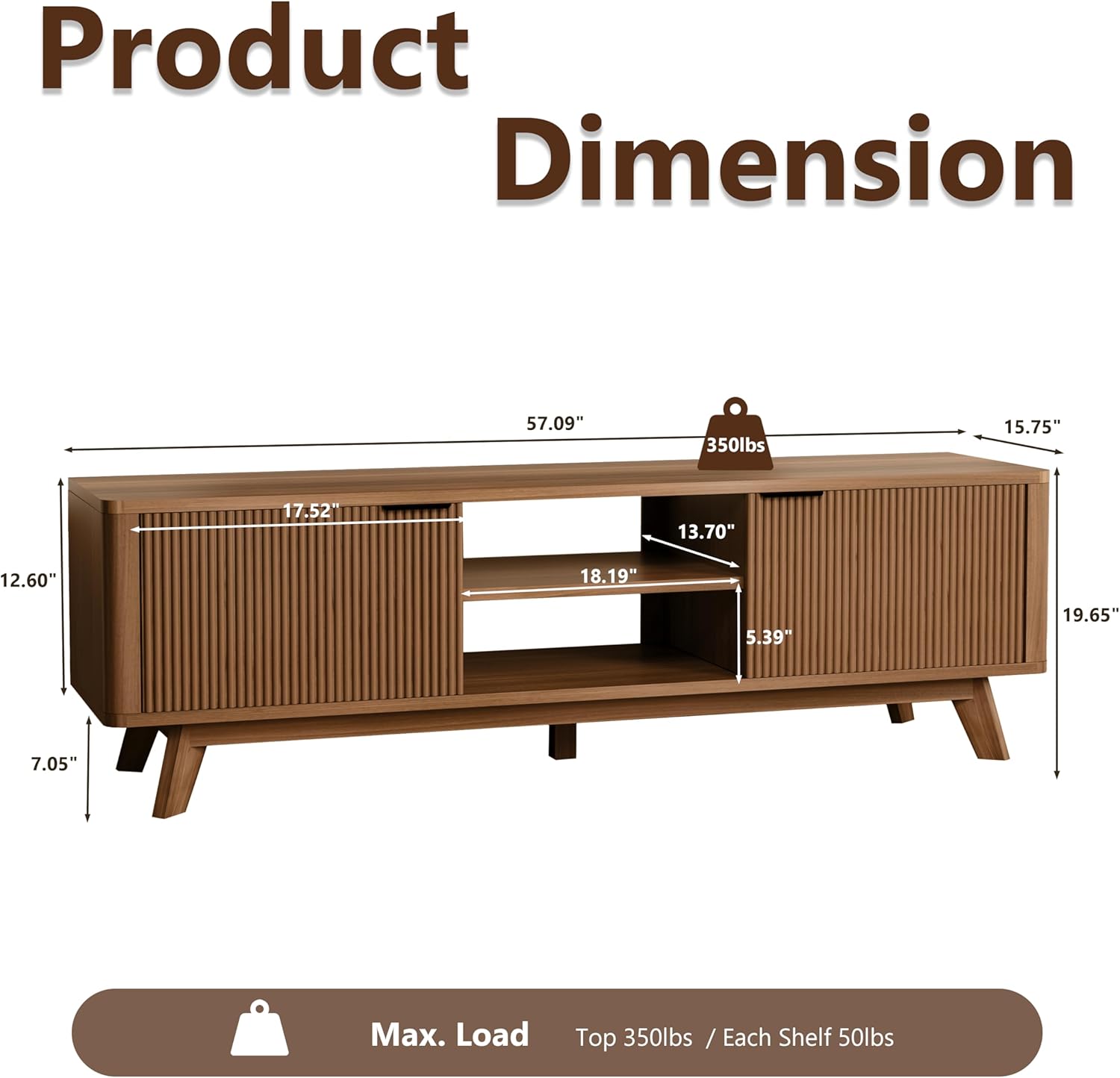 Royal Windsor Mid Century Modern for TV Stand for TVs up to 55-65 Inch,TV Stand for Living Room,TV Console with Storage,TV Console with Fluted Door Cabinets and Open Shelves,Walnut