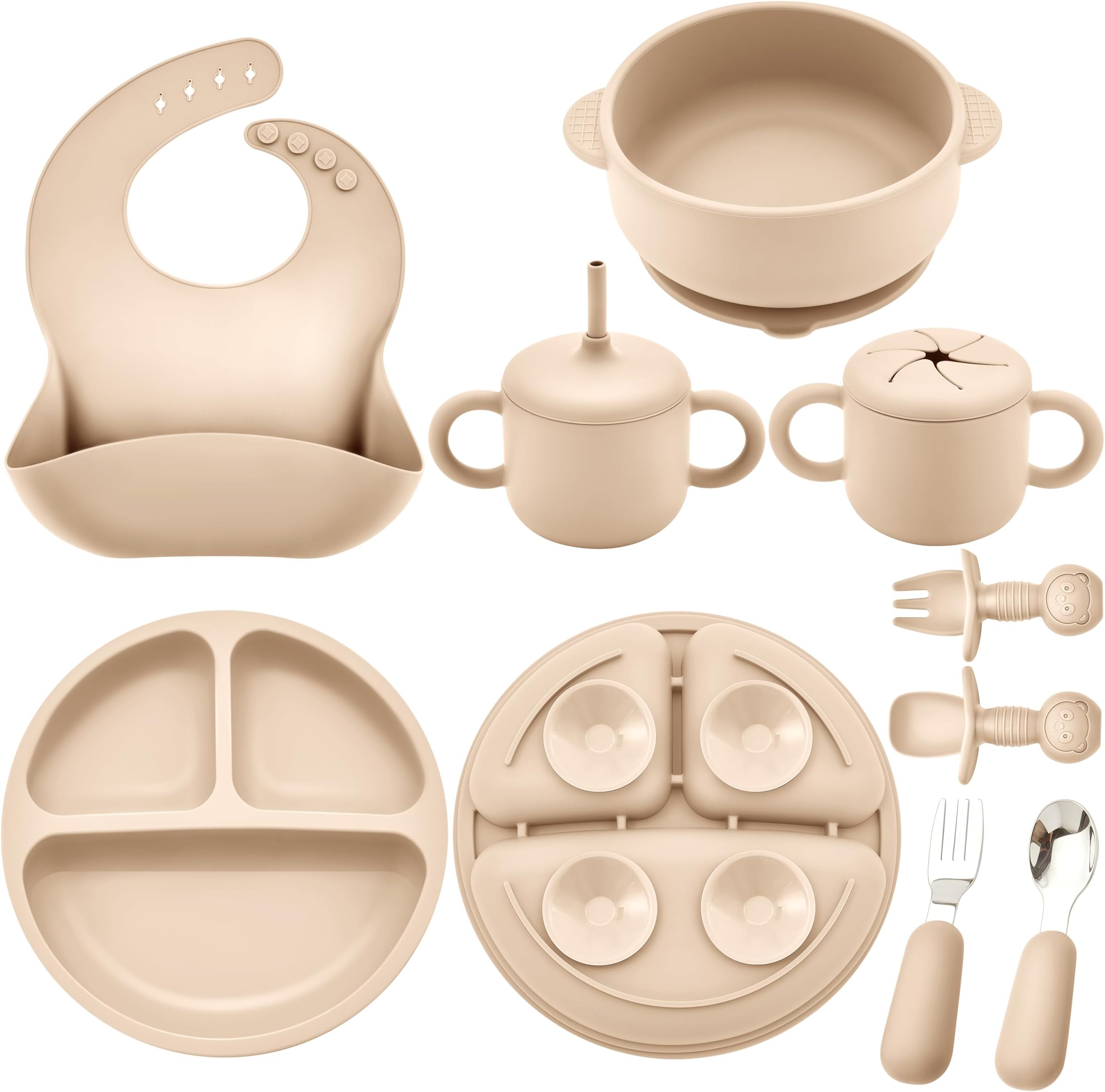 BufimsSilicone Feeding Set, Baby Led Weaning Supplies, Eating Utensils Including Suction Plate, Suction Bowl, Sippy Cup with Lid, Snack Container, Pocket Bib and Forks Spoons, for 6+ Months, Beige