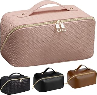 Makeup Bag, Travel Cosmetic Bag for Women Large Capacity, Opens Flat Portable Leather Toiletry Bag, Lay Flat Waterproof Make up Storage Organizer Case Box with Dividers and Handle, Pink