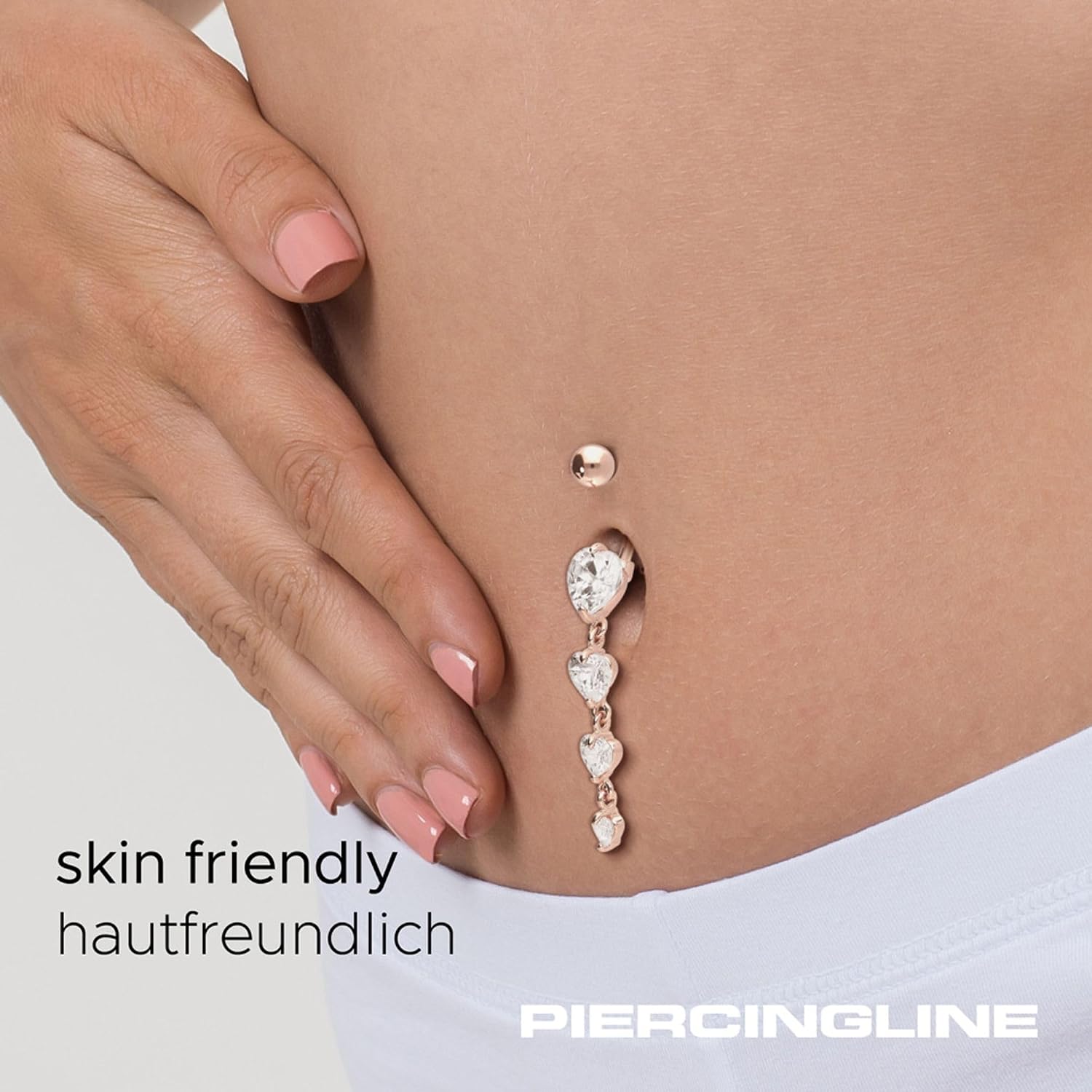 PIERCINGLINE surgical steel dangle belly button piercing with 4 hanging crystal hearts - belly button ring surgical steel, gold, silver, rosegold piercing - new version with improved durability