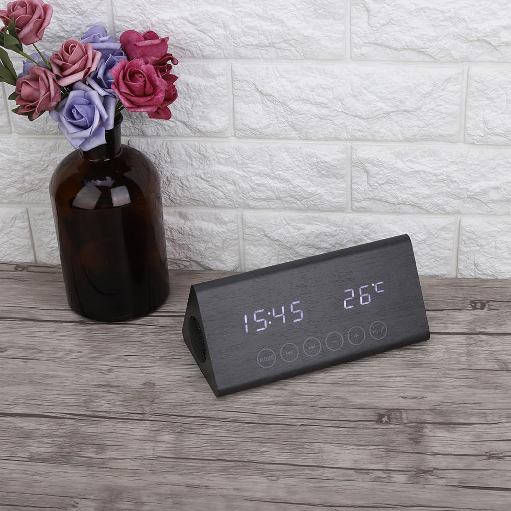 Despertador con Altavoz Bluetooth, Pantalla LED Digital, Termómetro, Radio FM, 5 Alarmas Musicales, para Uso en el Dormitorio de la Oficina en casa (Madera Negra y Letras Blancas.)