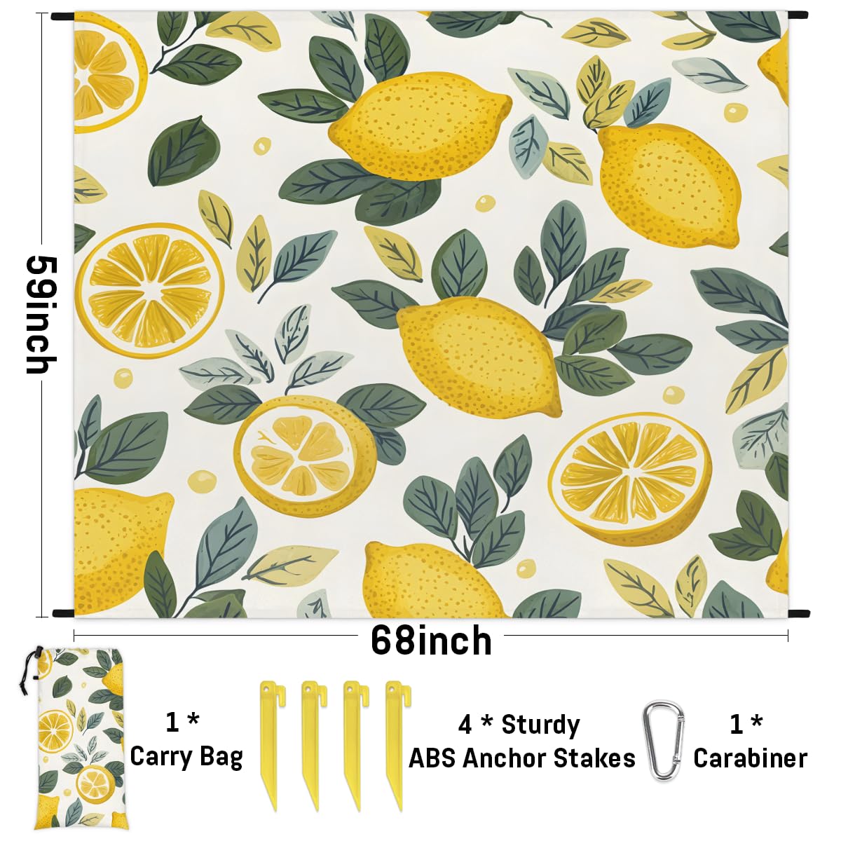 Eabrults Waterproof Sandproof Beach Blanket, 59''×68'' Lemon Drawing Polyester Outdoor Picnic Blanket with 4 Stakes & Storage Bag for Beach,Camping,Vacation Fruit