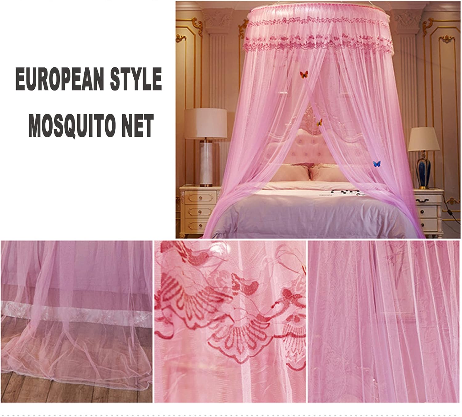 Mosquito Mesh Net for Bed,Large Dome Hanging Bed Net Tent for Double/Single Bed, European Style Canopy for Home Or Holidays,Pink