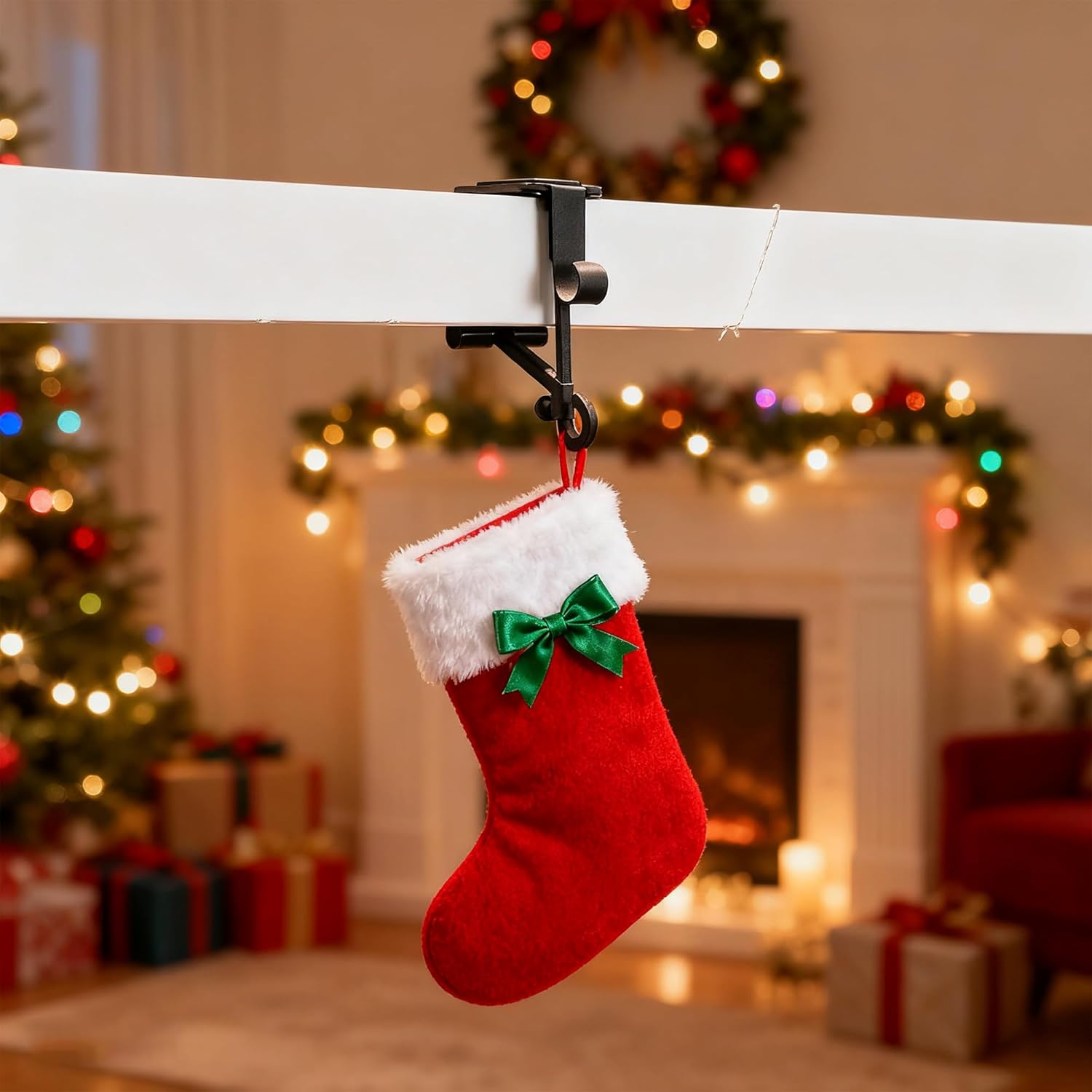 Christmas Fireplace Stocking Hanger Set for Paeose Garland- 2 Adjustable Length Metal Hooks (5" & 8.5") with Non-Slip Pads, 2 in 1 Heavy Duty Fireplace Mantel Hooks, Holds Up to 20 lbs, No Nails(1pc)