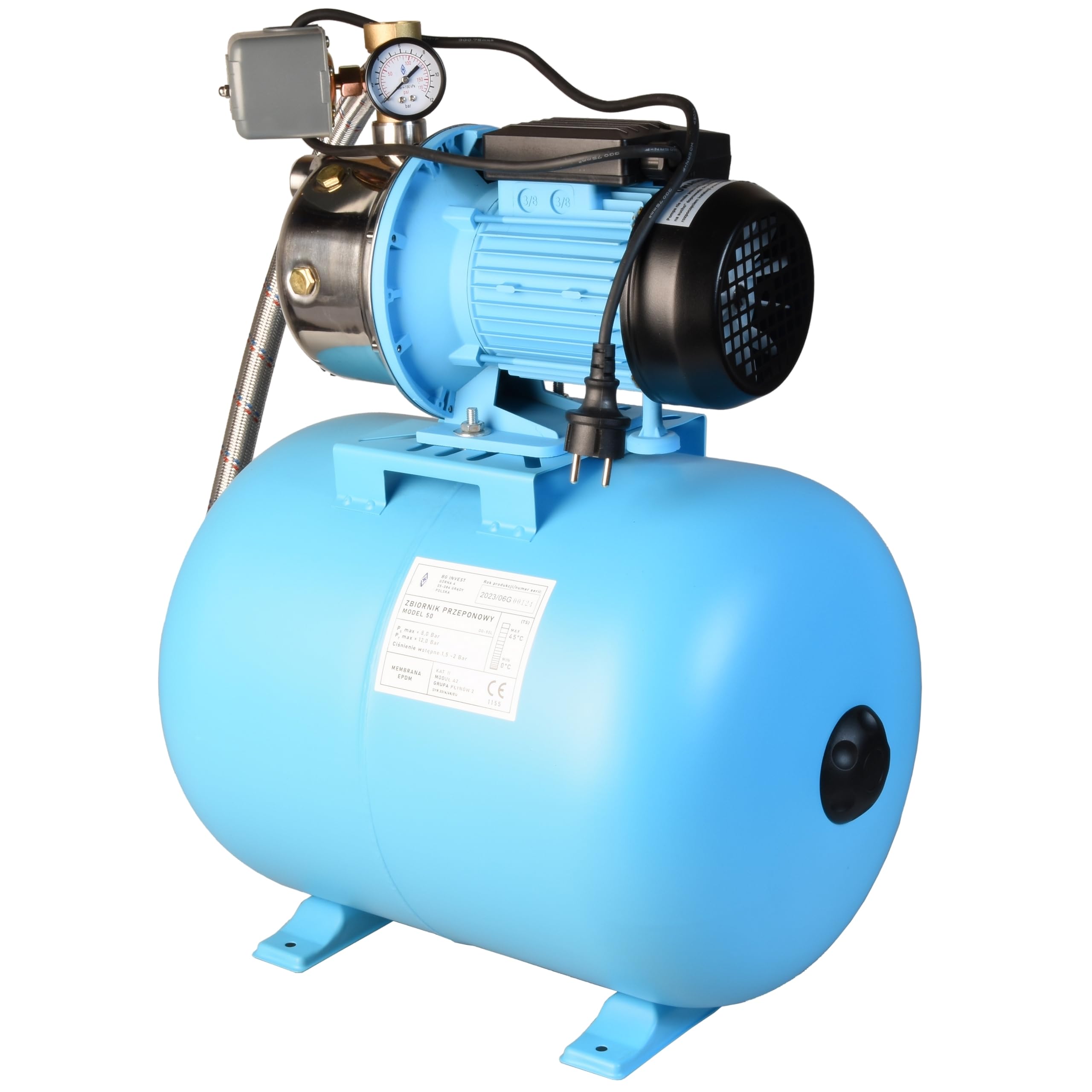 Groupe de surpression JX 1100 (1100 W, Débit max. 3600 l/h, Hauteur de refoulement 50 m, Pression 5 bar) - Pompe à Eau JX 1100 INOX avec Réservoir de Pression 50 L - pour Arrosage Pelouse, Jardin
