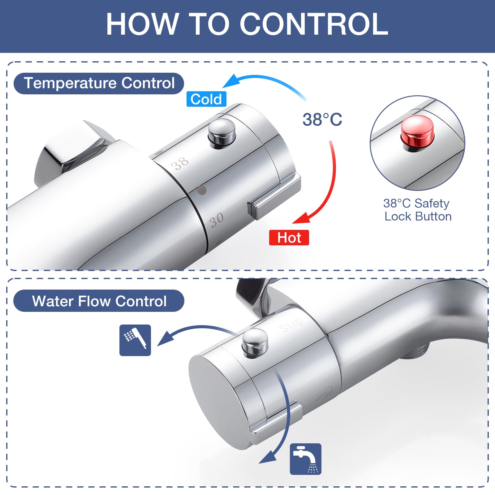 Thermostatic Bath Shower Mixer, Bevankly Exposed Thermostatic Shower Mixer Taps Valve Anti Scald Tap - Image 3