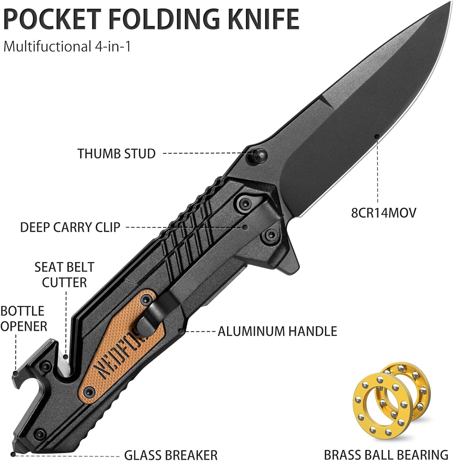 NedFoss Pocket Knife AK10, 4 in 1 Pocket Tactical knife for Men Women, Hunting Survival Camping Knife with Belt Cutter, Pocket Folding Knife with Glass Breaker, Stocking Stuffers, Christmas, Fathers Gifts for Dad Mens Knife
