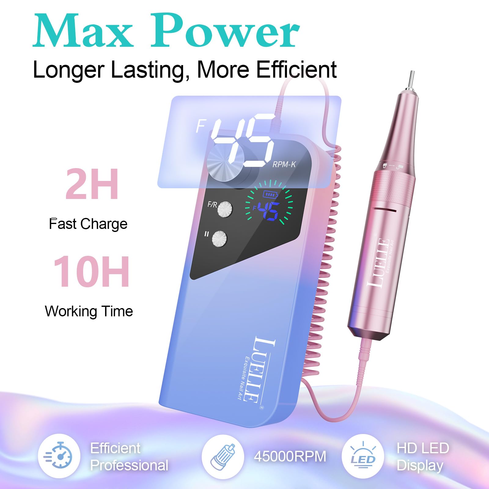 Electric Nail Drill File Professional 45000 RPM, LUELLE Electric Nail File Machine Kit for Acrylic Gel Nails Polishing Removing, Portable Rechargeable Cordless E File with Gold Bits Kit for Salon Home