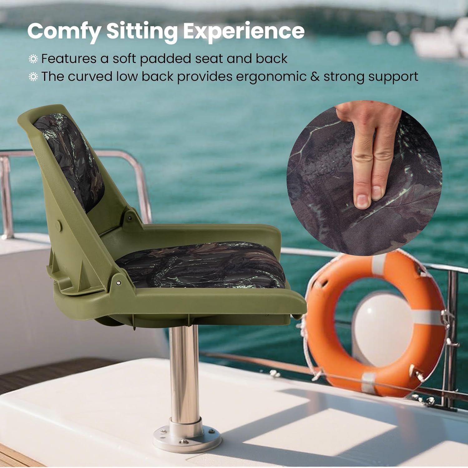Goplus Boat Seats, Molded Low Back Fishing Boat Chairs, Marine-Grade PVC Cushion Pad for Back & Seat, 5 Bolts Included, Flip-up Jon Boat Seats, Bass Boat Cabin Seating (1 Pack-Camo Green)