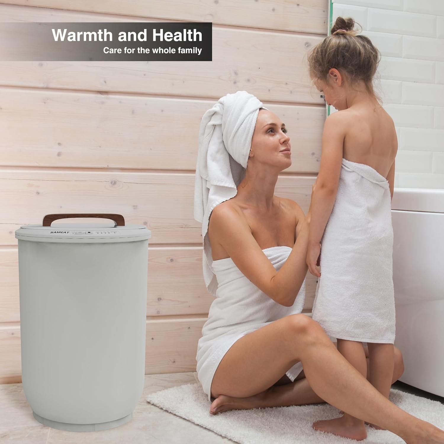SAMEAT Heated Towel Warmers for Bathroom - Large Towel Warmer Bucket, Wood Handle, Auto Shut Off, Fits Up to Two 40X70 Oversized Towels, Gray