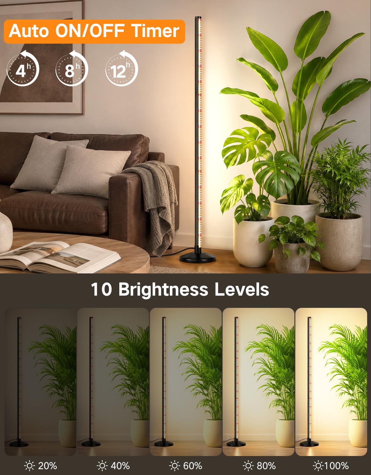 OUTON LED Pflanzenlampe Vollspektrum für Zimmerpflanzen, 210 LEDs, Schwarz | Wachstumslampe mit Timer 4/8/12H, 10 Dimmstufen, Höhenverstellbar 38-110 cm, Vertikale Pflanzenleuchte für große Pflanzen