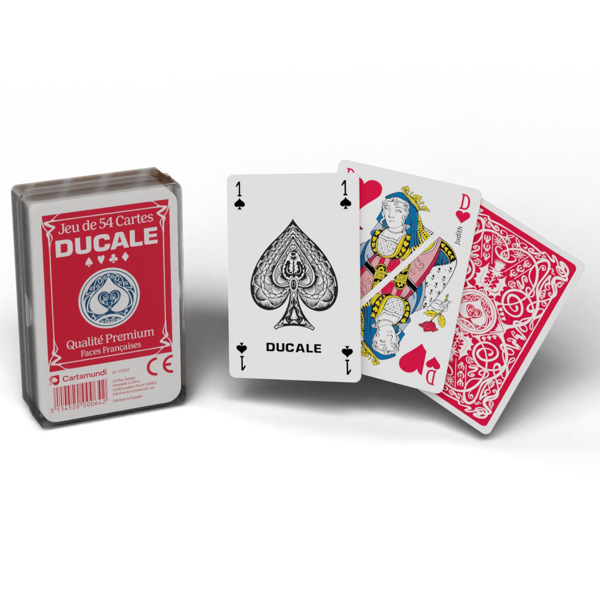Ducale Origine - Jeu de 54 Cartes - Jeu de Poker, Président, Palmito, 8 Américain - Coloris aléatoire (Bleu ou Rouge) - Boîte Plastique Ducale Origine - Jeu de 54 Cartes - Jeu de Poker, Président, Palmito, 8 Américain - Coloris aléatoire (Bleu ou Rouge) - Boîte Plastique