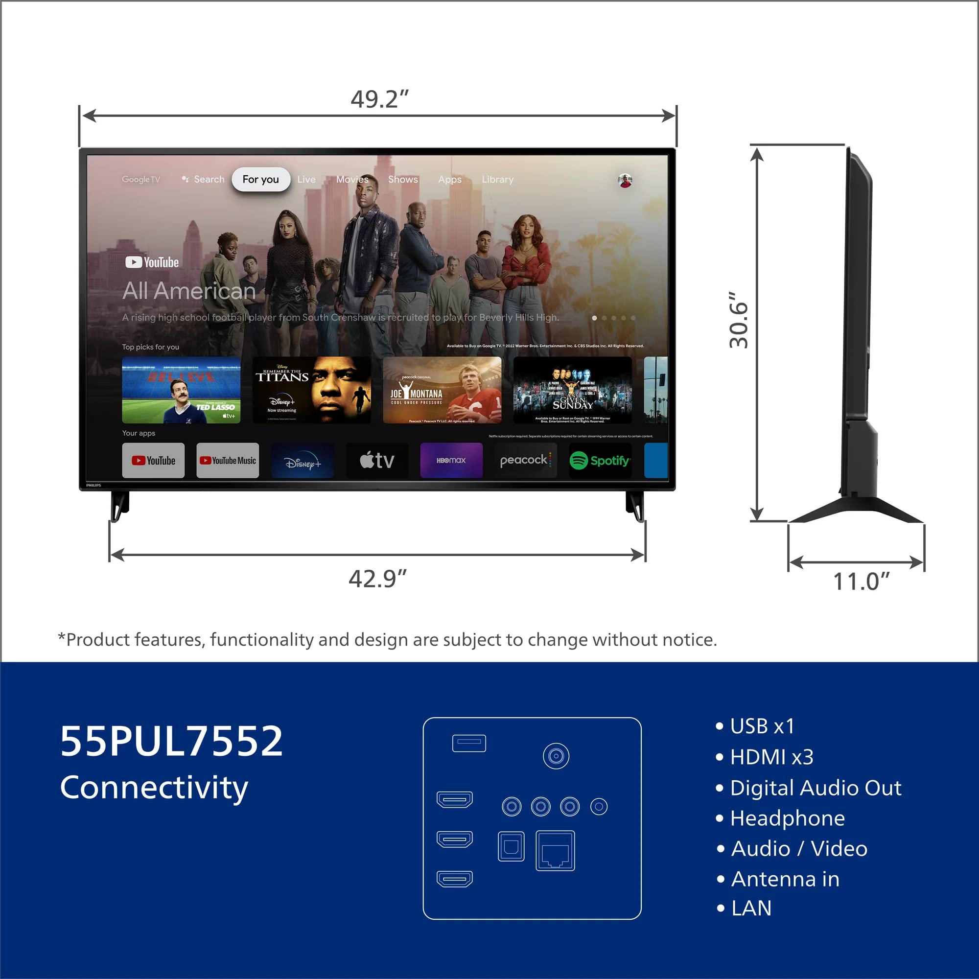 PHILIPS 55-Inch Class 4K 2160p Smart LED TV HDR Game Mode Google Assistant & Chromecast Built-in Bluetooth Connectivity 55PUL7552/F7 (Renewed)