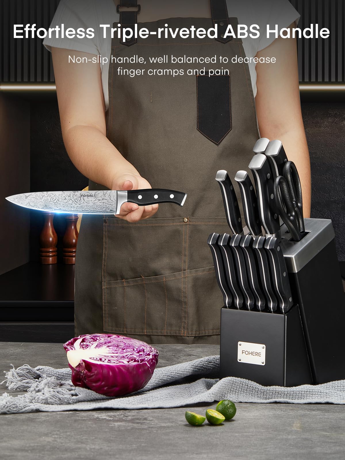 FOHERE Couteau Cuisine, 14 Pièces Bloc de Couteaux avec Affûteur Intégré, Set Couteau Cuisine en Acier Inoxydable, Bloc Noir en Bois
