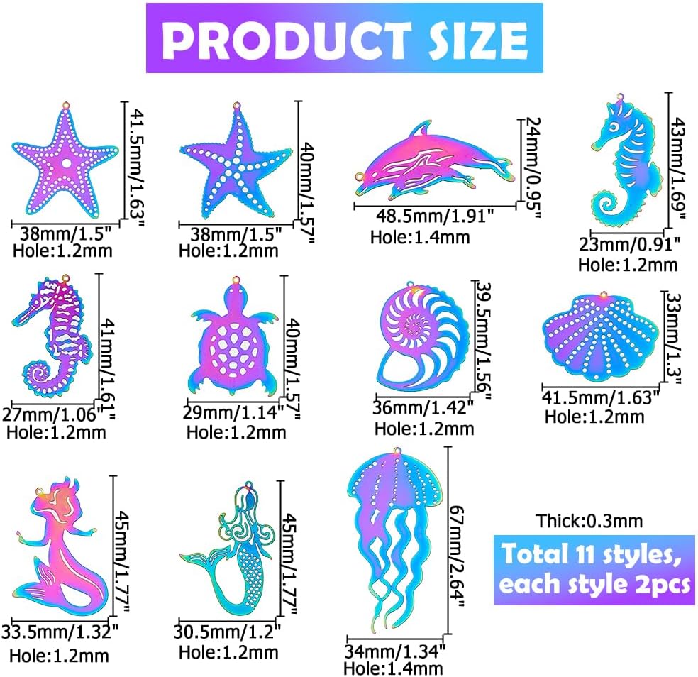 22pcs Stainless Steel Sea Animals Charm 11 styles Metal Embellishments Ocean Theme Pendants Rainbow Hollow Sea Animal Pendants for Necklace Earrings Jewelry Making DIY Crafts - Image 2
