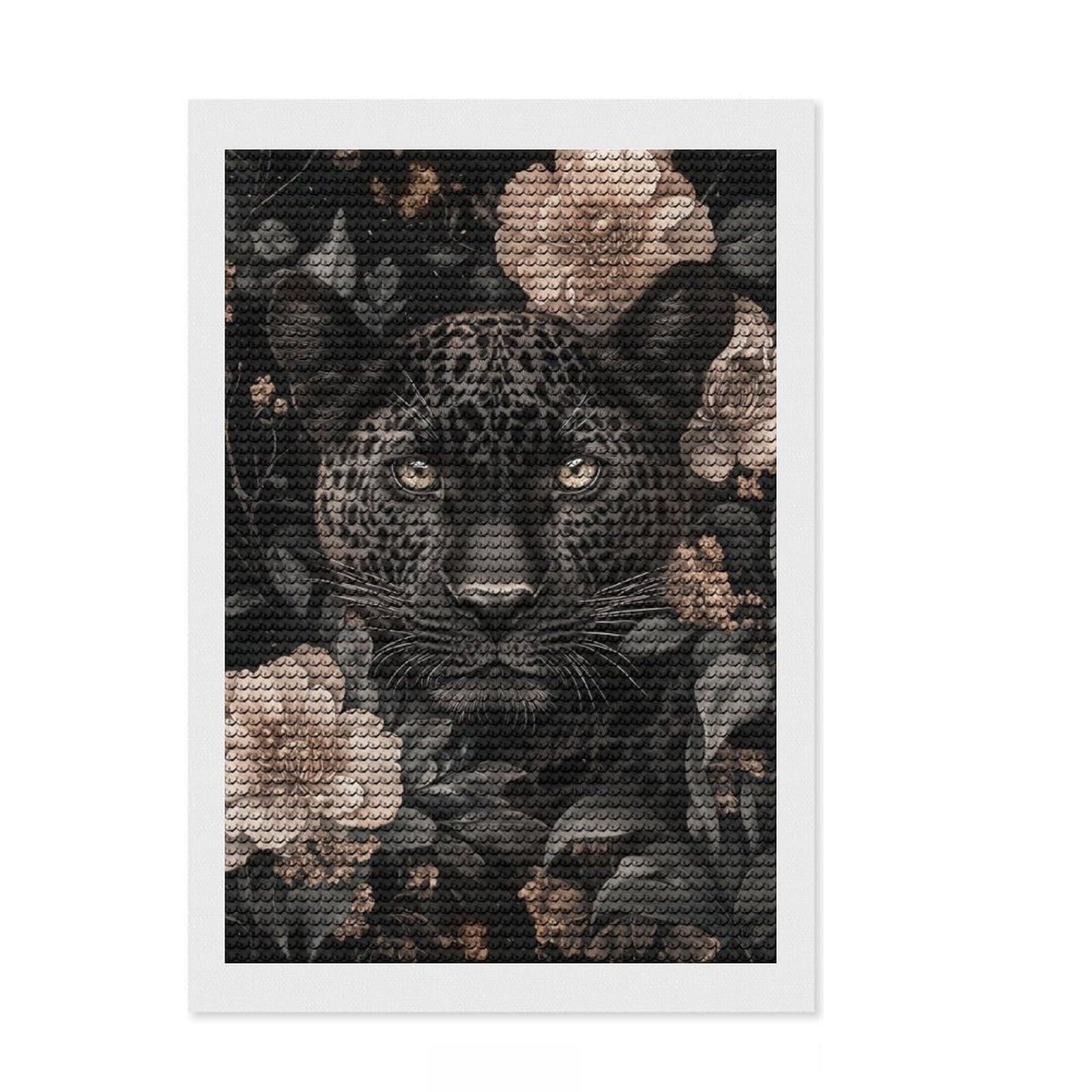 Junmoney Floral Black Leopard Full Drill Diamond Painting Kit 8"x12", Office Decor, for Beginners, Full Kit Included, Christmas Gift