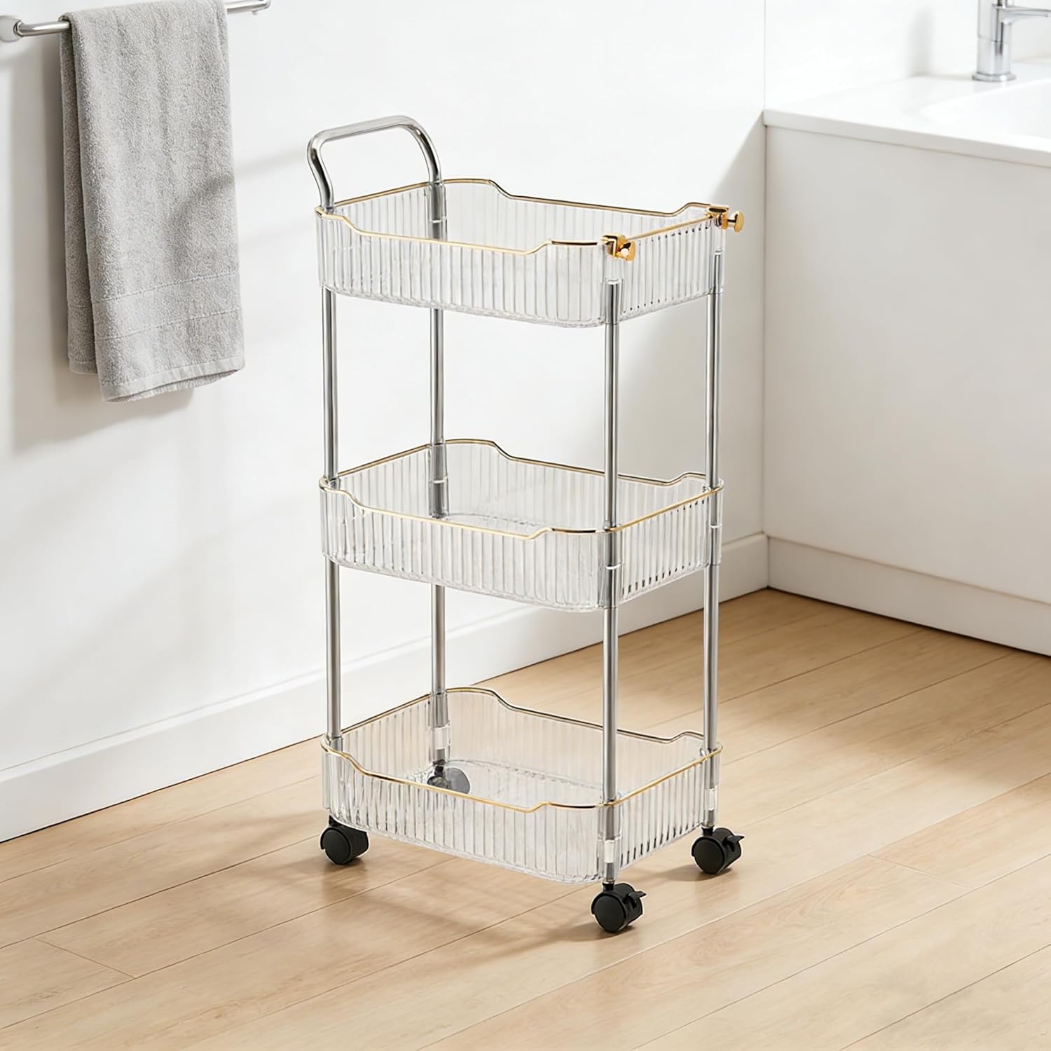 3-Tier Acrylic Rolling Storage Cart, Bathroom Organizer Cart, Kitchen Cart With Wheels, Rolling Utility Cart for Kithchen, Living Room, Office Storage and Organization (14''X10''X27'') (Clear)