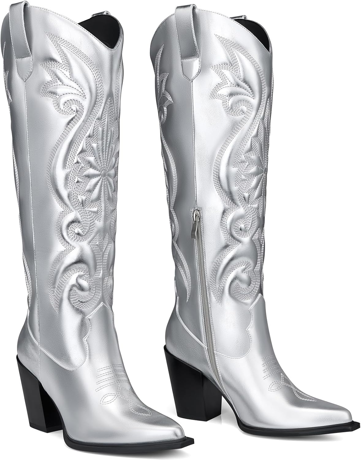 Women High Cowboy Boots: 3.5 Inch Chunky Heels Cowgirl Boot, Pointed Toe Trendy Knee High Boots, Wide Calf Comfortable Embroidered Western Tall Boots Size 6-11