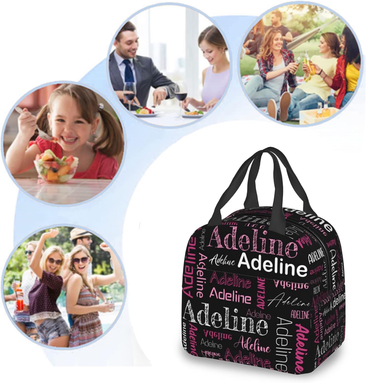 Customize Name Lunch Box for Women Girls Boys Personalized Monogrammed Lunch Boxes for Kids Adult Teenagers Custom Cooler Initial Tote Bag With Name for Picnic Office Work School Black Pink