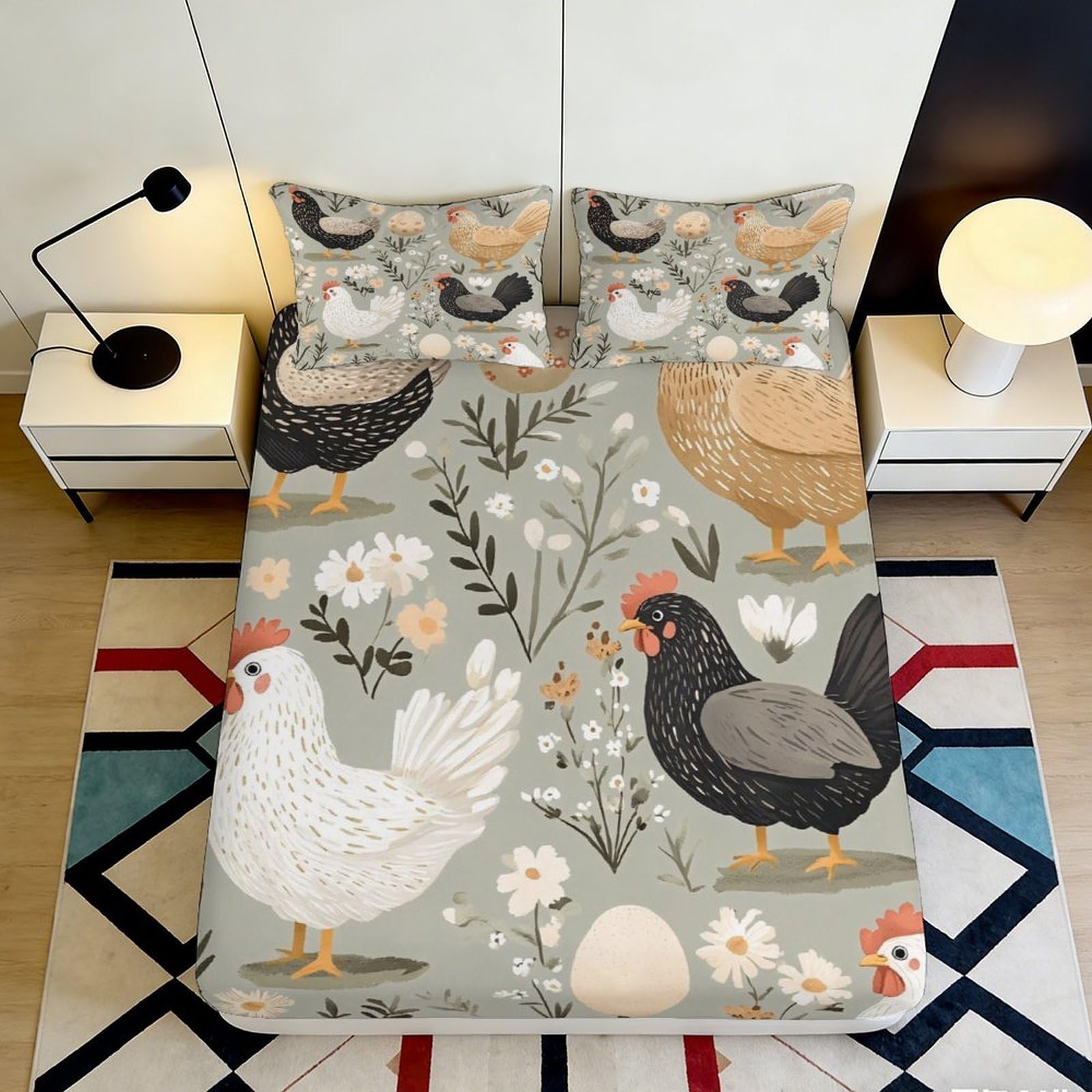 3D Printed Chicken Farm Fitted Sheet Microfiber Soft Anti-Slip Hen Egg Bed Cover for Bedroom Guest Room Decor Easy Care 90x200x25cm