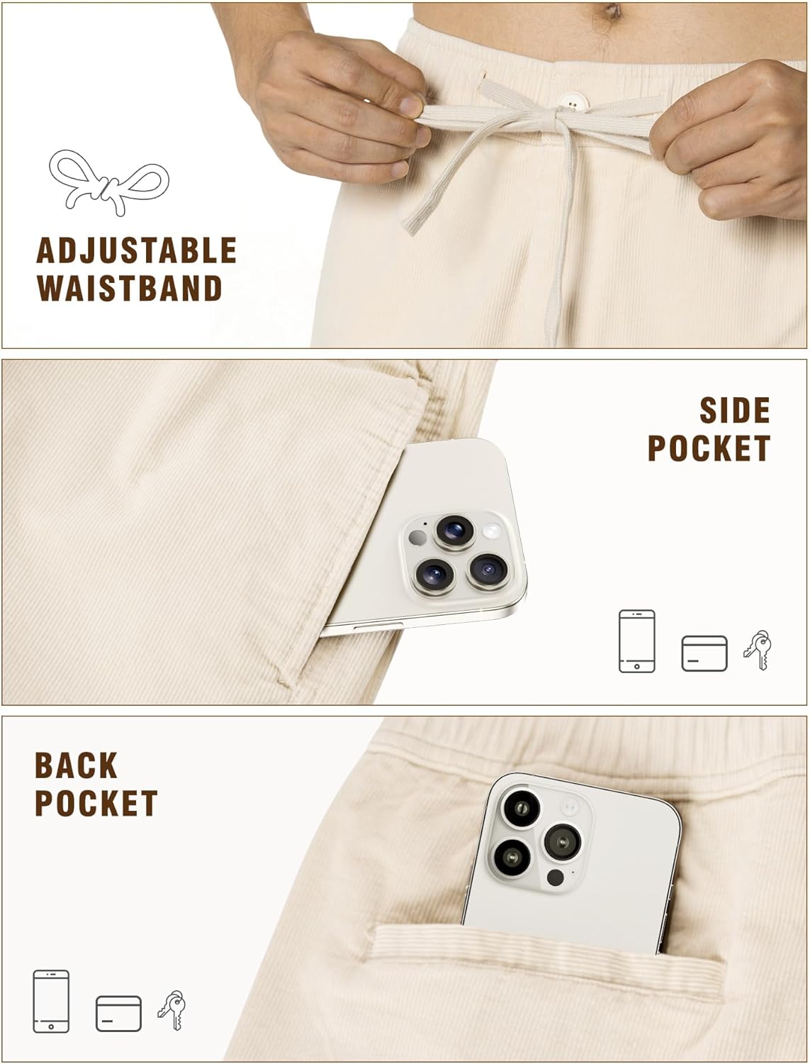 Men's Corduroy Pants Cotton Baggy Straight Leg Loose Fit Soft Stretch Casual Drawstring Elastic Waist - Image 5