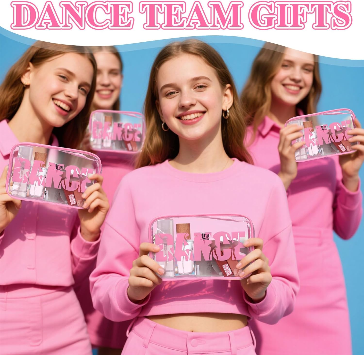 Kacctyen 24 Pcs Dance Makeup Bag Pink Team Gifts Bulk for Ballerina Lover 7 x 4.7 x 2.4 International Dance Day Cosmetic Bag PVC Case Clear Toiletry Pouch for Women Graduation Cheer Cheerleader Gift