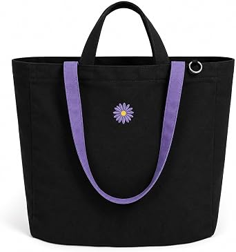 Large Canvas Tote Bag with Zipper and Pockets for Women, Black Work Tote