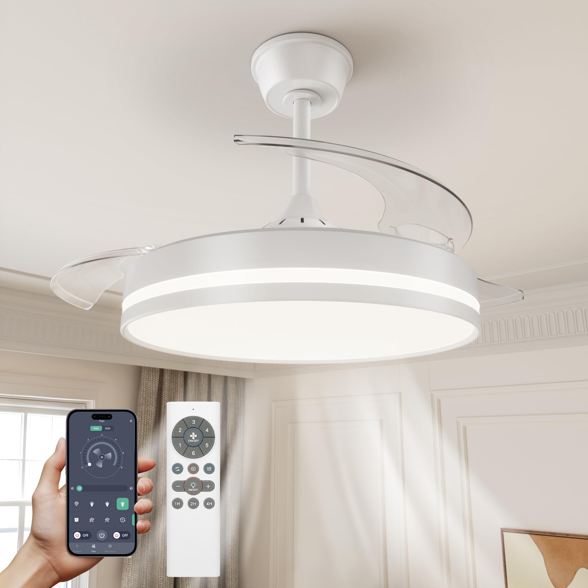 VOLISUN Ventilador de Techo con Luz LED Aspas Retráctiles, Silencioso Motor DC, CCT Regulable, Mando a Distancia y Temporizador - Lámpara Ventilador Moderna para Salón y Dormitorio (Blanco, 106cm)