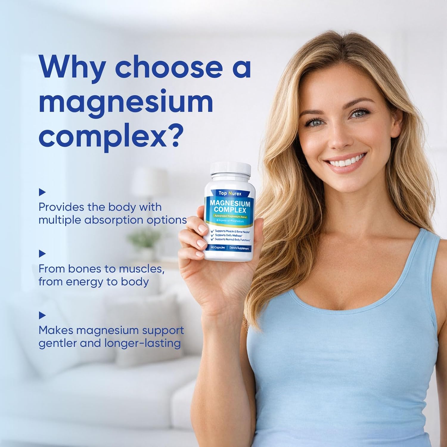 Top Nurex Magnesium Complex 1000 mg, 8-Source Magnesium Blend with Glycinate, Citrate, Malate & Taurate, Vegan Non-GMO Formula, 90 Capsules