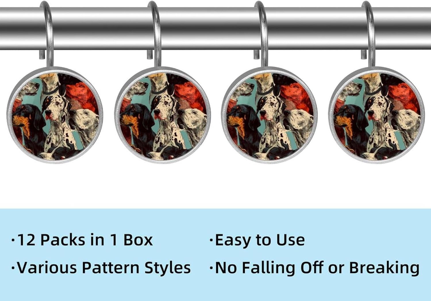 12PCS Dogs Shower Curtain Hooks Rings for Bathroom, Decorative Shower Curtain Hooks Rods Curtains and Liner