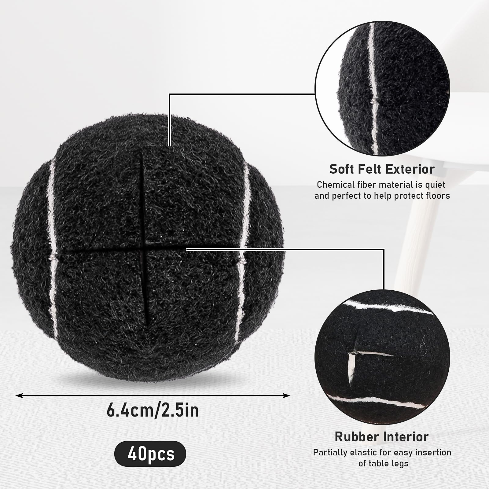 40-Pack Precut Tennis Ball Furniture Pads – 2.5 Inch Black Rubber Floor Protectors For Chairs, Tables, And Desks – Anti-Scratch Socks For Hardwood, Tile, And Carpet