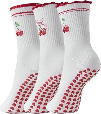 Bestag Cute Embroidery 3 Pairs Pilates Socks with Grips Non-slip Ruffle Yoga Sock Grip Socks for Women US, Alpha, One Size, Regular, Regular, Sock set 1