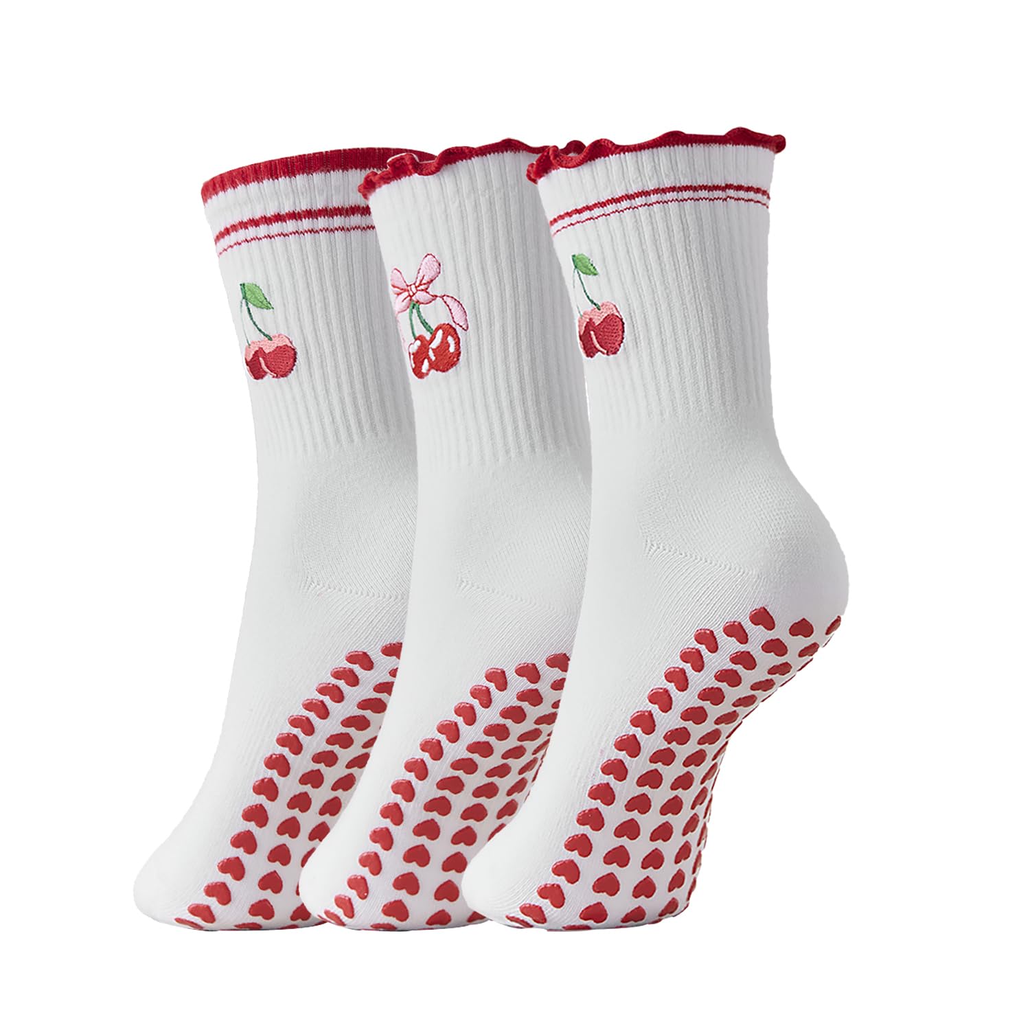 Bestag Cute Embroidery 3 Pairs Pilates Socks with Grips Non-slip Ruffle Yoga Sock Grip Socks for Women