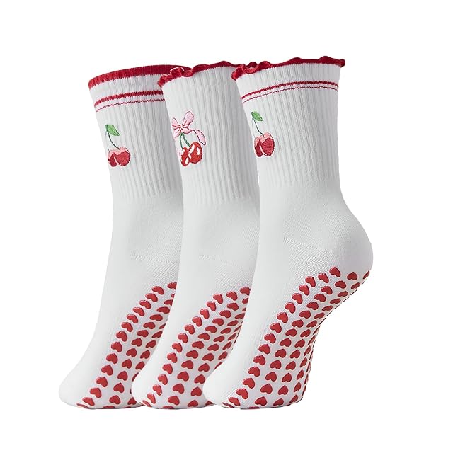 Bestag Cute Embroidery 3 Pairs Pilates Socks with Grips Non-slip Ruffle Yoga Sock Grip Socks for Women