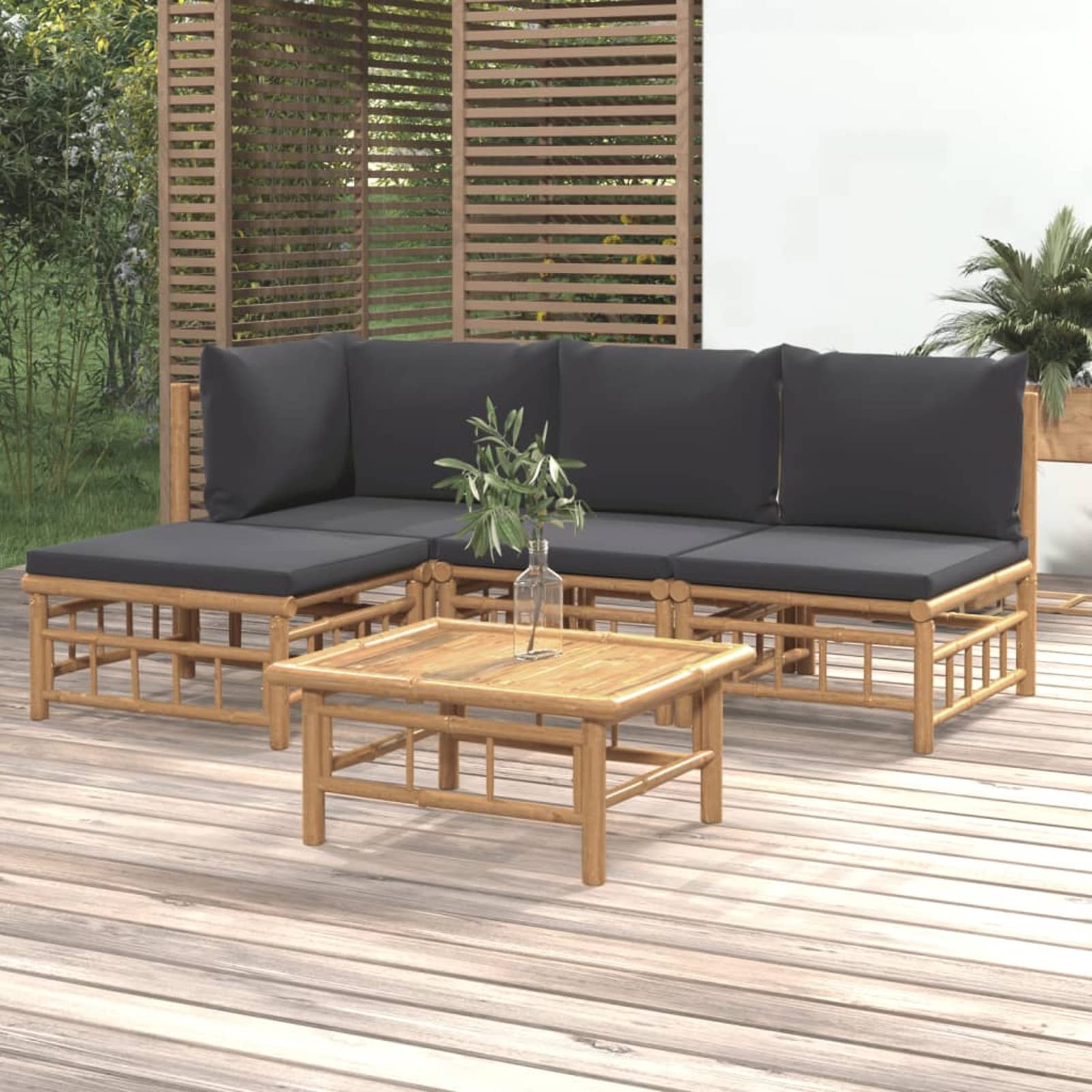 Salon de jardin 5 pièces en bambou Homgoday et coussins gris foncé pour extérieur