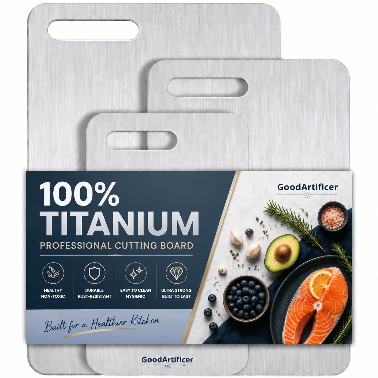 Photo 1 of Titanium Cutting Boards Set of 3, 100% Pure Titanium Kitchen Cutting Board, Double-Sided Non-Toxic Cutting Board, Ideal for Slicing and Dicing Meats, Features Handle, Dishwasher Safe