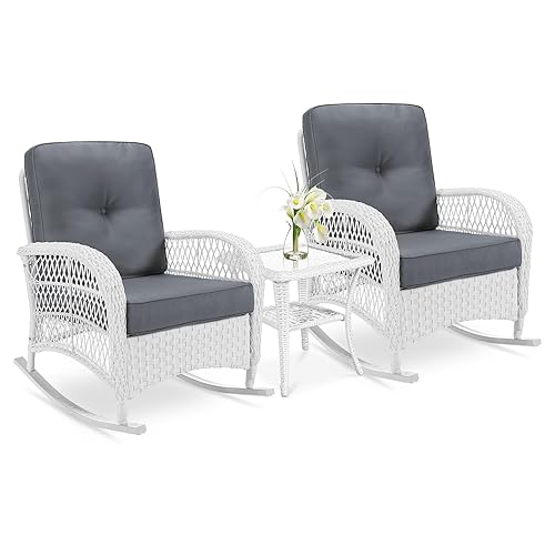 VIVIJASON 3-Piece Outdoor Conversation Bistro Set, Patio Wicker Rocking Chairs