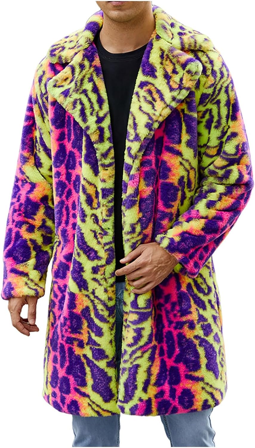 Faux Fur Coat Mens Overcoat Long,Winter Fluffy Jacket Warm Furry Parka For Cosplay Cold Weather
