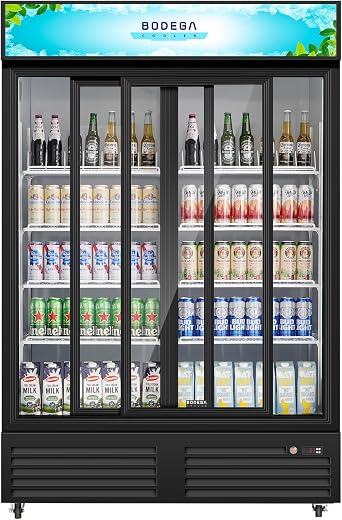 BODEGACOOLER Commercial Merchandiser Refrigerator, Upgrade Automatic Rebound Sliding Door Display Cooler, 2 Glass Door Display Drink Cooler with LED Light, Adjustable Shelves,Castors for Store,Office