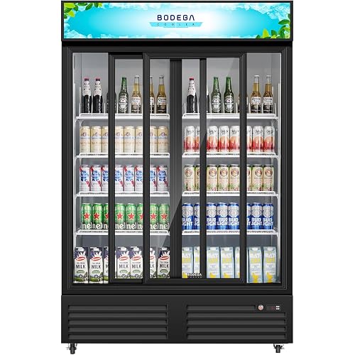 BODEGACOOLER Commercial Merchandiser Refrigerator, Automatic Sliding Door | 2 Glass Upgrade Rebound Door Display Cooler, Display Drink Cooler with LED Light, Adjustable Shelves,Castors for Store,Office
